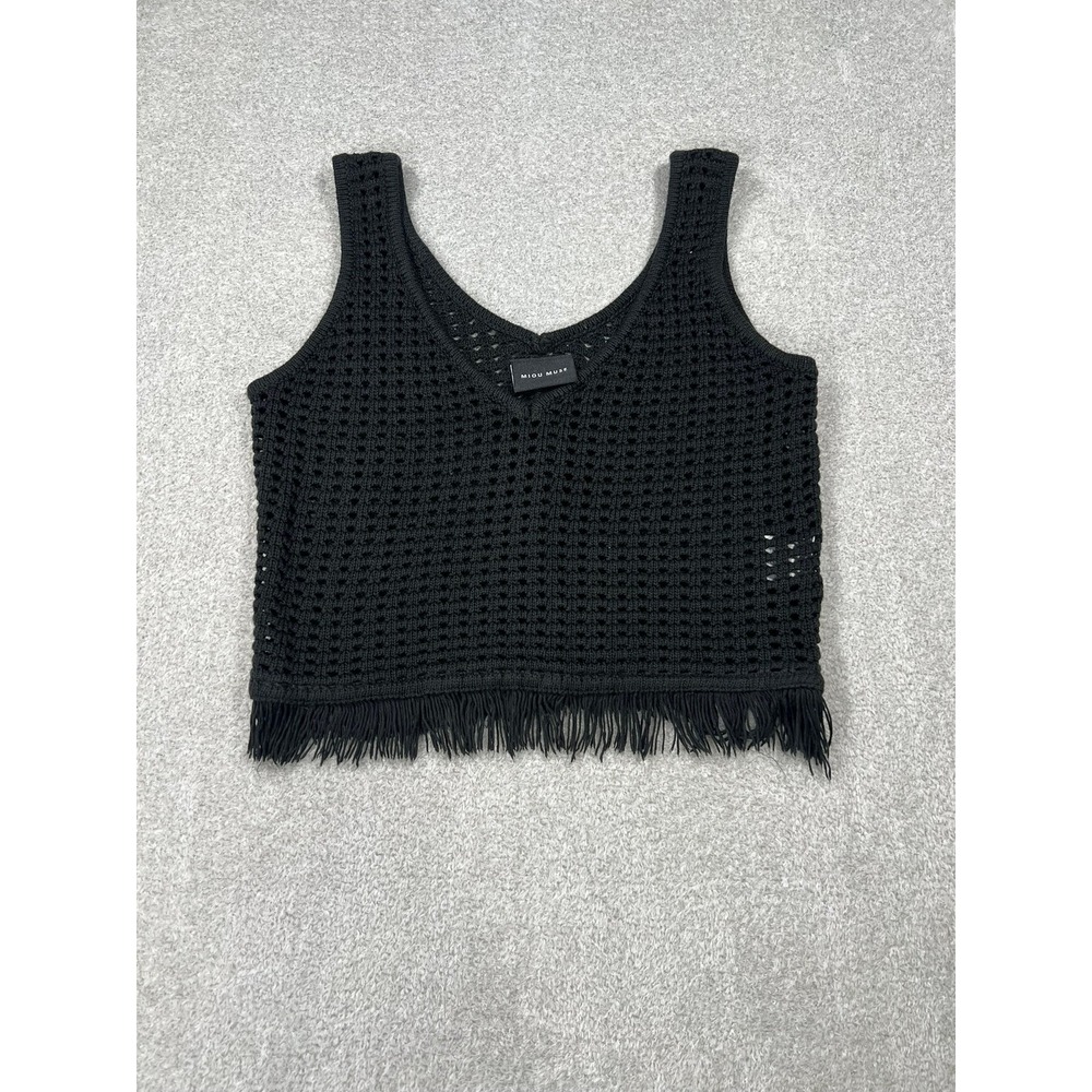 Miou Muse Black Crochet Knit Fringe Hem Tank Top Womens Medium Boho V-Neck Crop - Picture 2 of 7